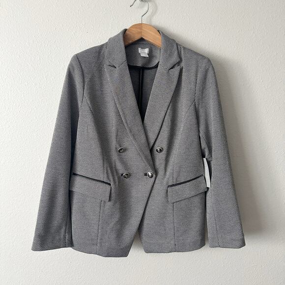 Chico’s Size 2 Herringbone Leather Trim Double Breast Jacket Women's Size Large - Picture 4 of 15